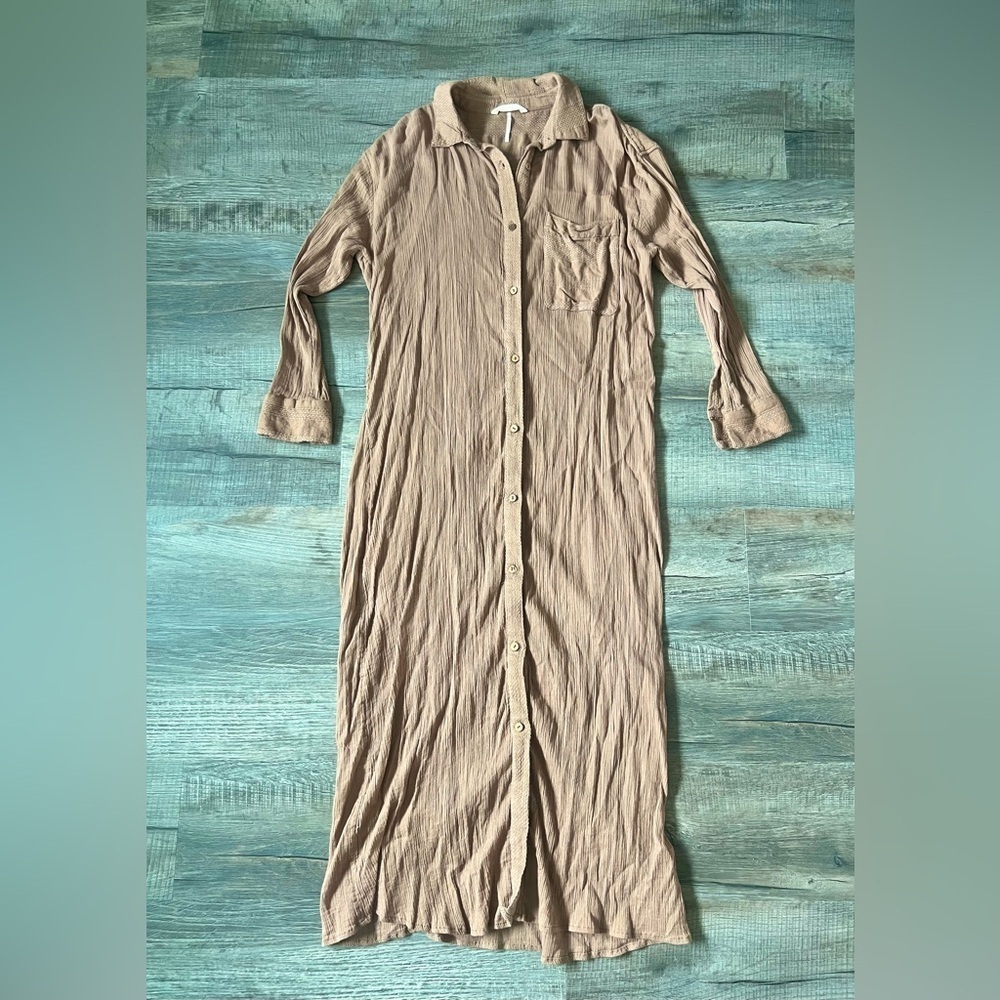 Free People Cotton Tan Button-Front Maxi Shirt Dress Size S